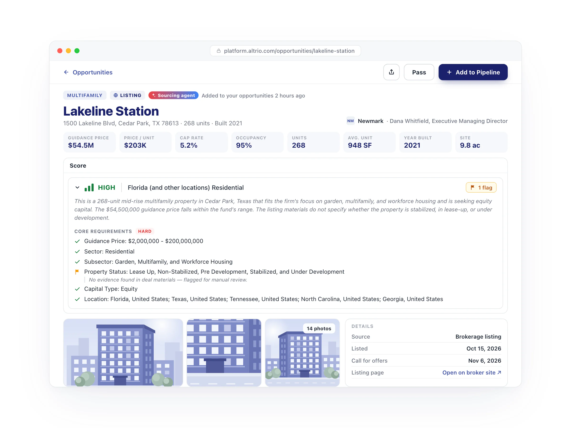 A listing in Altrio added by the Sourcing agent: a 268-unit multifamily property in Cedar Park, Texas with its guidance price, cap rate and occupancy, a High buy-box score with each core requirement checked, and Add to Pipeline and Pass buttons.
